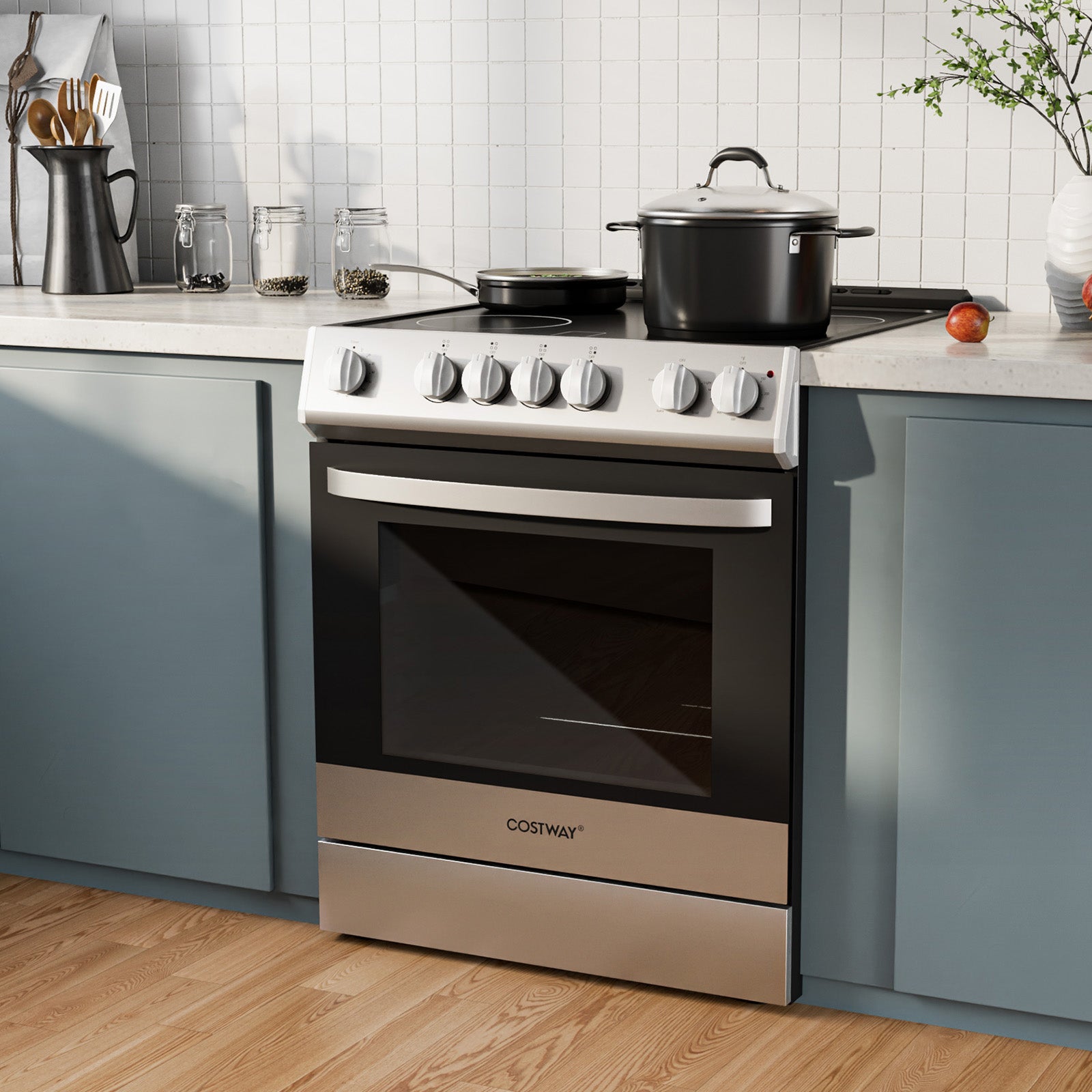 30 Inch Freestanding and Slide-in Kitchen Stove with 4 Burners Ceramic Cooktop-Silver