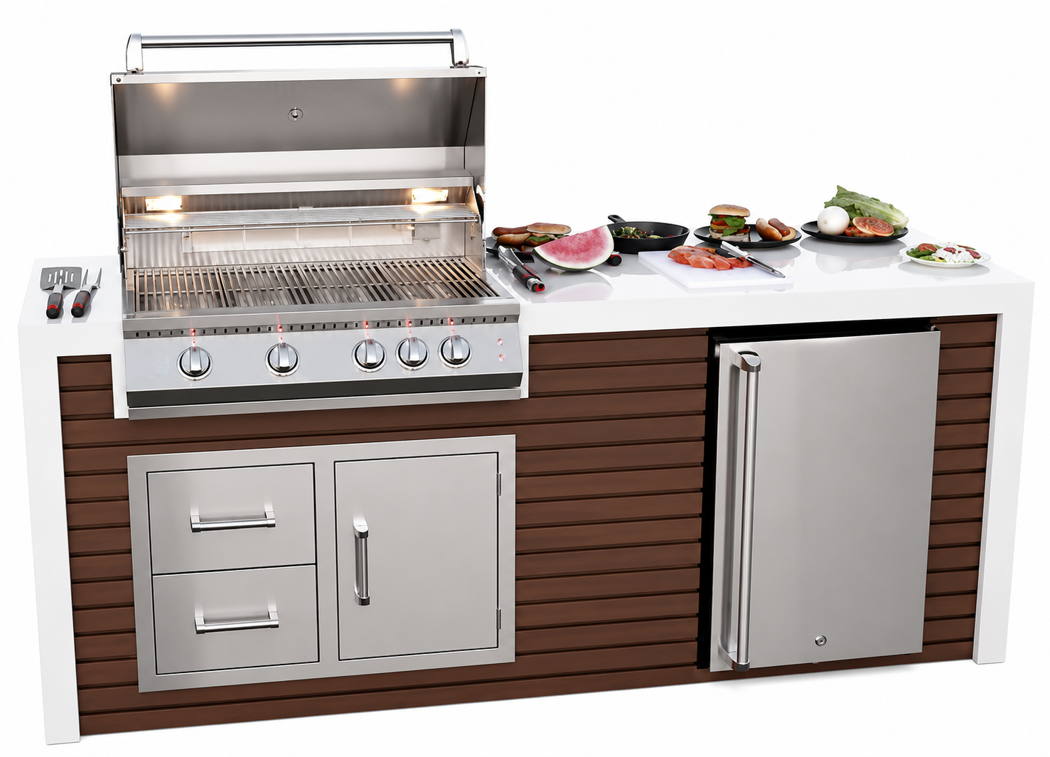 KoKoMo Outdoor Kitchen Island with Waterfall Edge – 32” Built-In Grill