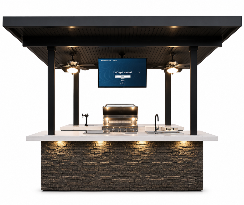 KoKoMo Outdoor Kitchen BBQ Island with Dual TVs - Big Island Sports Bar Experience
