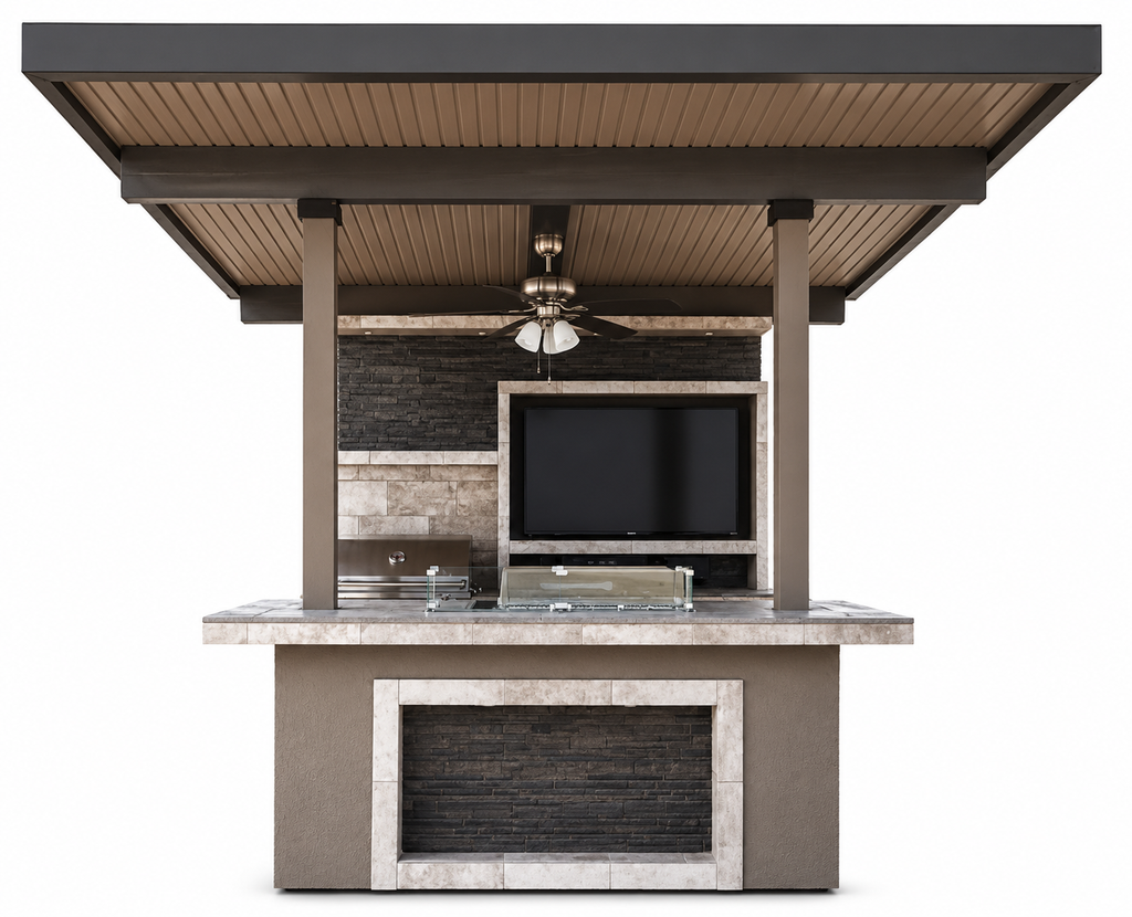 KoKoMo Baja Outdoor Kitchen with 12x12 Patio Cover – Complete Modular BBQ Island with Grill, Fridge & Bar Seating