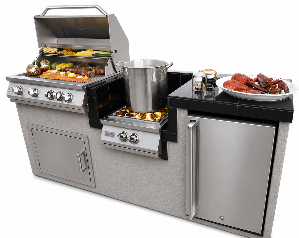 KoKoMo BBQ Island - 7'6" Outdoor Kitchen with 4-Burner Grill, Wok Burner & Refrigerator