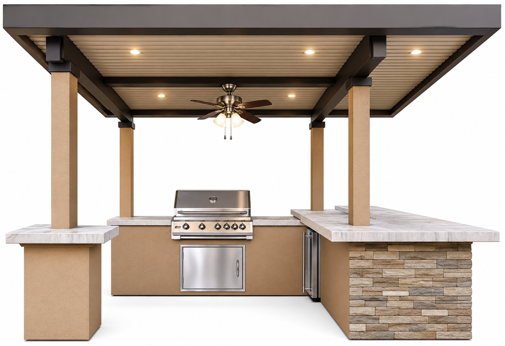 KoKoMo Outdoor Kitchen BBQ Island with 12' x 12' Pergola – Built-In 4-Burner Grill, Refrigerator, and Lighting