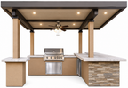 KoKoMo Outdoor Kitchen BBQ Island with 12' x 12' Pergola – Built-In 4-Burner Grill, Refrigerator, and Lighting