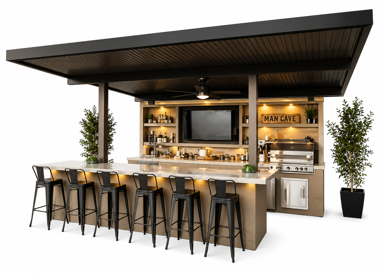 KoKoMo Outdoor Kitchen Pavilion – 20'x20' Luxury BBQ Island with 70" TV, Bar, Grill, Kegerator & More