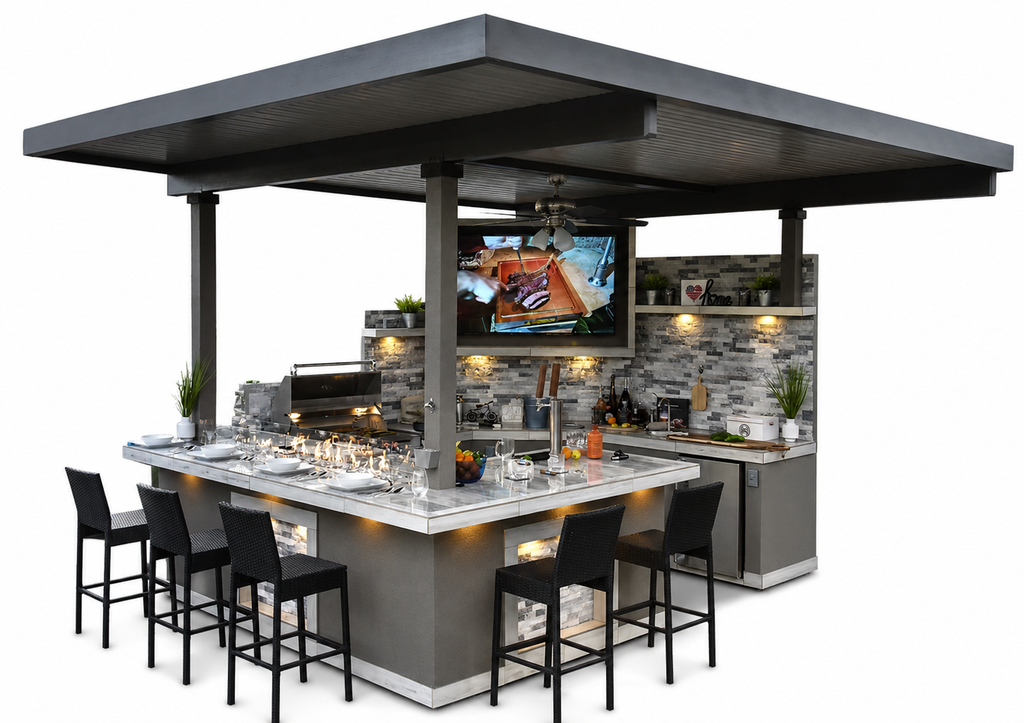 KoKoMo Bermuda Kitchen BBQ Island with Built-In TV, Fire Pit & Bar for Ultimate Outdoor Entertaining